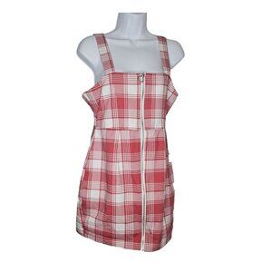 EverAfter Women's Medium  y2k Retro Red Ivory Plaid Sleeveless Front‎ Zip Dress